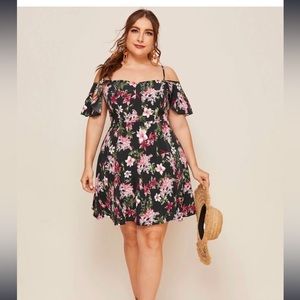 SHEIN Plus Allover Floral Print Cold Shoulder Dress